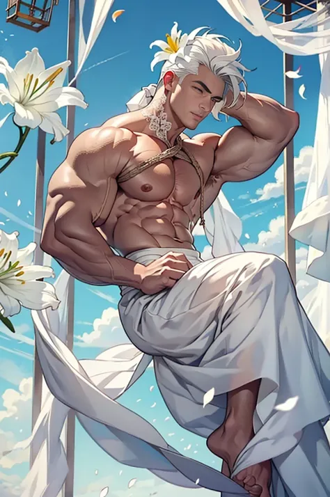 1 male,muscular,((lily)),cage,Lace-up,white rope,white cloth curtains,falling white petals