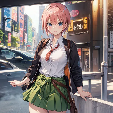 2d, masterpiece, best quality, anime, highly detailed, 1girl, solo, cowboy shot, nakano ichika, pink hair, short hair, cardigan around waist, collared shirt, green skirt, miniskirt, medium breasts, standing, school, outdoors, smile