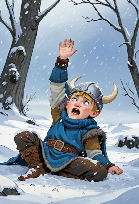 viking boy lying in the snow crying with his hand raised