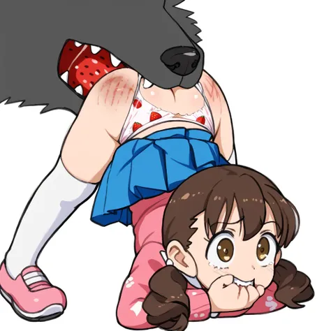 lolicon, ass up, shizuka minamoto, torn blue skirt, cute, pigtails, (((small ass))), (torn strawberry print panties), surprised, in pain, brown hair, bite marks on ass, (ass bitten by wolf)