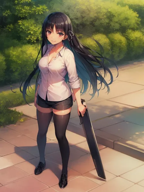 (8K, Highest quality, Highest quality, masterpiece), standing, 1girl, solo girl, only 1 girl)), fullbody, solo, cowboy shot, aasuzune, long hair, black hair, hair loose in the wind, leafs in the air, (summer sky), casual shirt, mini top, black thighhighs, ...