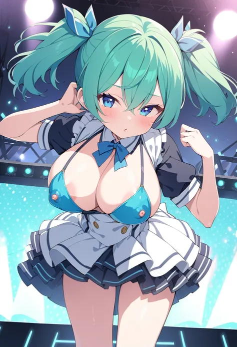 Ques, green hair, blue hair, short twintails, blue eyes, 13years old, (large breasts:1.3) , Live Stage, solo nipple