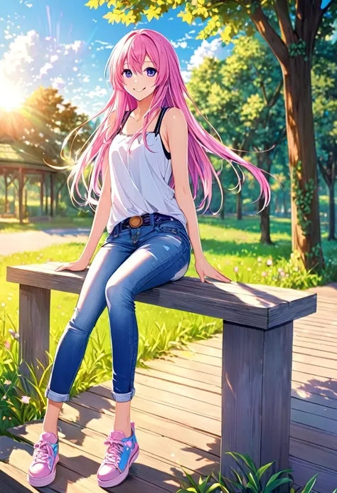 Megurine Luka smile casual clothes jeans colorful morning peace