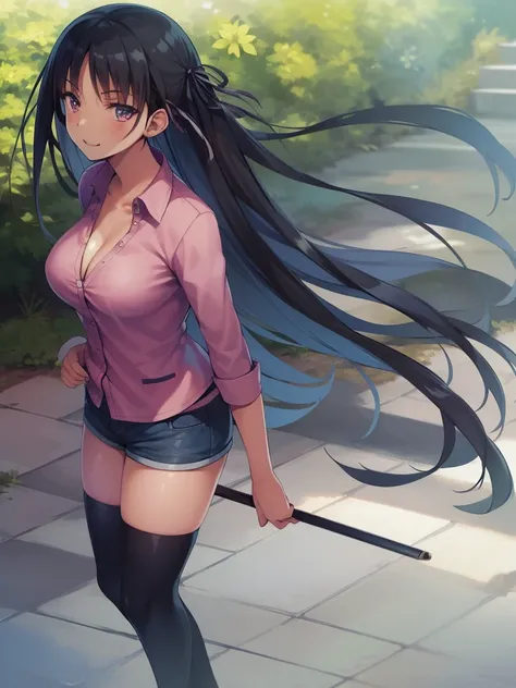 (8K, Highest quality, Highest quality, masterpiece), standing, 1girl, solo girl, only 1 girl)), fullbody, solo, cowboy shot, aasuzune, long hair, black hair, hair loose in the wind, leafs in the air, (summer sky), casual shirt, mini top, black thighhighs, ...