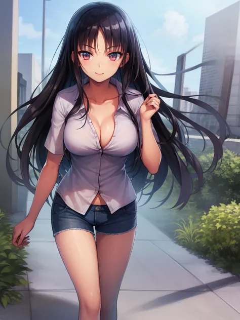 (8K, Highest quality, Highest quality, masterpiece), standing, 1girl, solo girl, only 1 girl)), fullbody, solo, cowboy shot, aasuzune, long hair, black hair, hair loose in the wind, leafs in the air, (summer sky), casual shirt, mini top, black thighhighs, ...