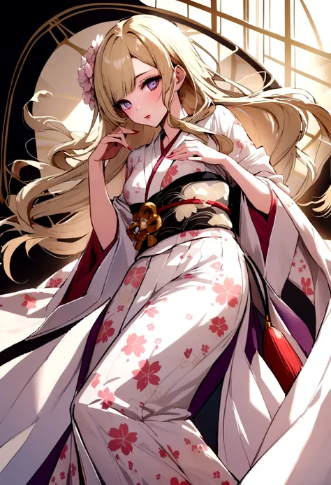 Young and beautiful Japanese woman with blonde hair, wearing a cherry blossom yukata 