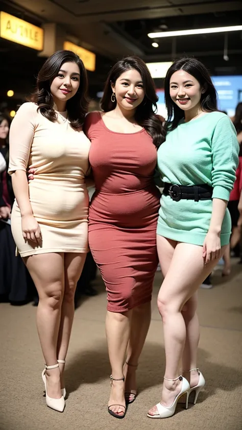 Quadruplets，Smiling fat woman  ((best quality)), ((masterpiece)), (detailed), Perfect face, Wearing a green loose sweatshirt and short skirt, The other was wearing a red loose plaid shirt and jeans, Thin waist and thick hips,  Soft curves, hyperPractical f...