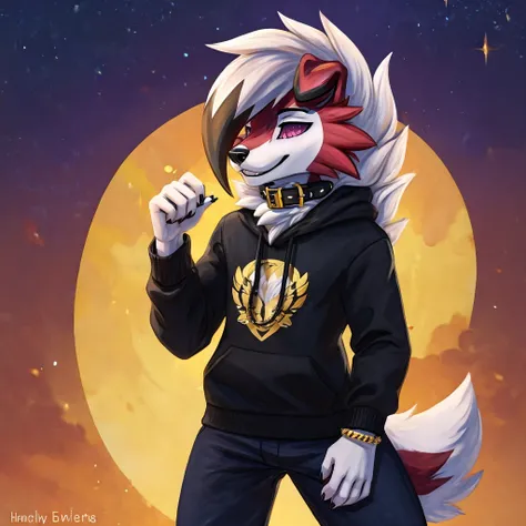 A white Midnight femboy lycanroc wearing a black sweatshirt and blue pants and white socks with black stripes and a gold dog collar on the neck and with bracelets on the arms