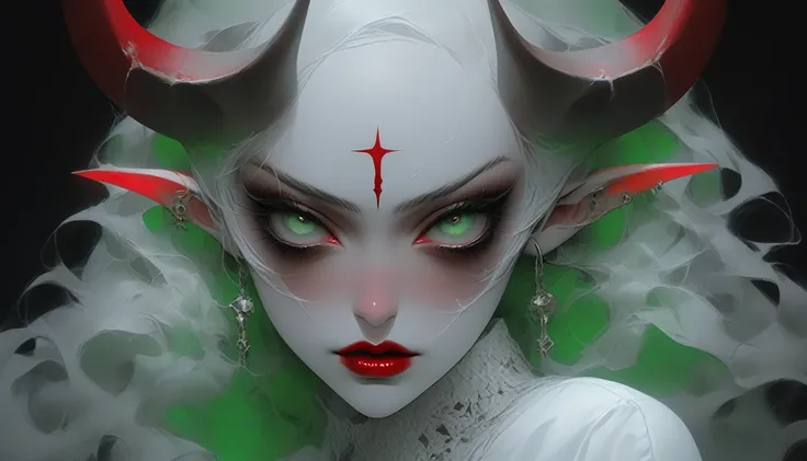 Portrait, close up, Bron above, Skinhead girl, demon girl, very angry, ((total smokey eyes)), (skinhea:1.2 ) , (emerald eyes), (white blouse), (long intricate horns:1.3), red liquid lips,  (best quality), highest quality, extremely detail,  8k, wallpaper, ...