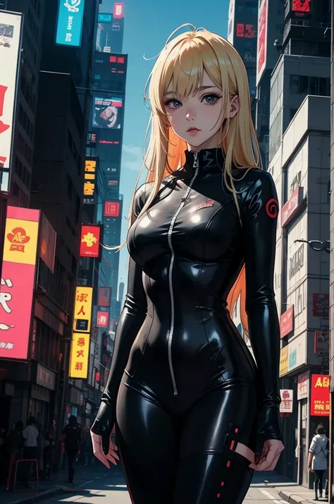 
best quality, anime girl in a black bodysuit stands on a city street, seductive anime girl, cyberpunk , Anime style 4k, cyberpunk digital anime art, blonde anime girl with long hair, cyberpunk anime girl, Anime style. 8k, modern cyberpunk anime, best anim...