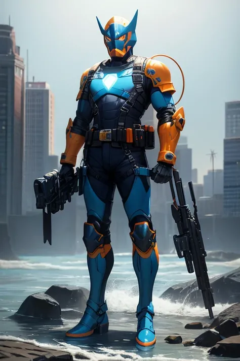 ((best quality)), ((masterpiece)), (detailed), 1 male, full body, 23 years old, masked, light blue helmet with small crest, piranha helmet, smooth head, bare face, superhero mask, black necklace, tall, thin, grey details, mechanical shark head, piranha sui...