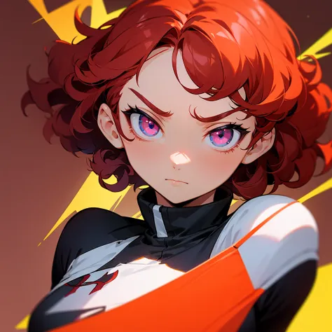 Girl with short, curly hair, red locks and colorful eyes but with a serious expression wearing a UA uniform