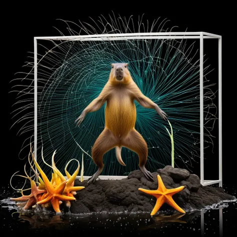 real photography, unique composition that mixes and brings together in an almost surreal design four different types of animals in one Capybara body, parrot tail, head of woolly monkeys, Spiny starfish arms and legs. There is a frame in the image that refe...