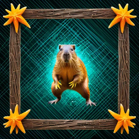 real photography, unique composition that mixes and brings together in an almost surreal design four different types of animals in one Capybara body, parrot tail, head of woolly monkeys, Spiny starfish arms and legs. There is a frame in the image that refe...