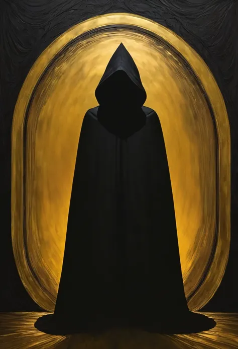 A mesmerizing artwork featuring an enigmatic, hooded pumpkin-faced shadow figure, cloaked in an air of mystery. The figures identity is deliberately obscured, prompting the viewer to ponder its origins. The angular lines create a striking juxtaposition bet...