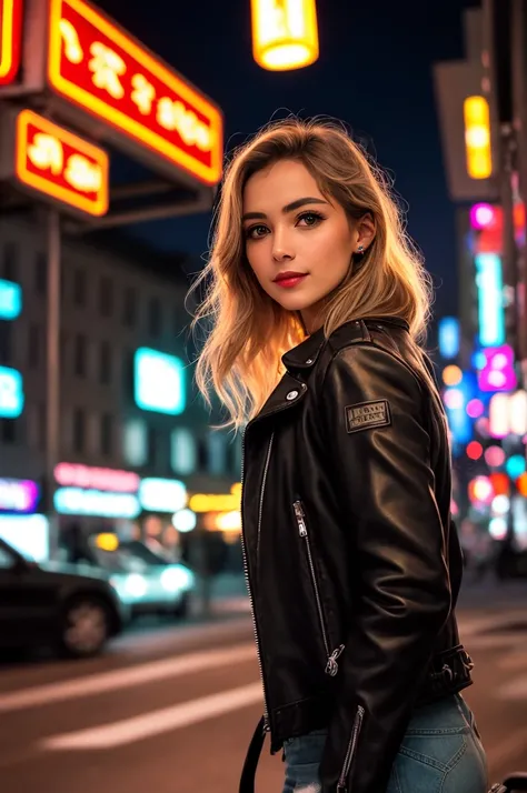 Photography, of a beautiful woman as biker walking along the street of the night city, (voluptuous:0.5), seductive, Oval_face, expressive_eyes, ofrecho_nose, oflgado_lips, Brown_eyes, flirting with the camera, affected smile, firm_old, (ojos oftallados:1.2...