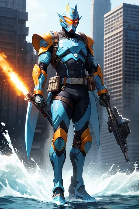 ((best quality)), ((masterpiece)), (detailed), 1 male, full body, 23 years old, masked, light blue helmet with small crest, piranha helmet, smooth head, bare face, superhero mask, black necklace, tall, thin, grey details, mechanical shark head, piranha sui...