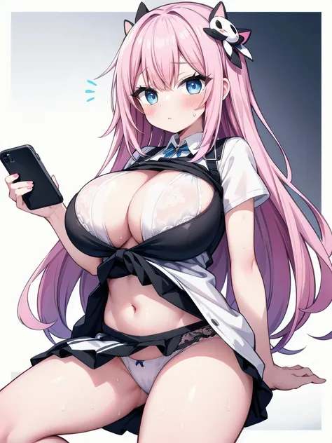 a woman wearing underwear and no shoes taking a picture with a smartphone, 1girl, breasts, cube hair ornament, pink hair, underwear, panties, solo, gigantic breasts, blue eyes, skirt, long hair, navel, phone, hair ornament, shirt, blush, black skirt, white...