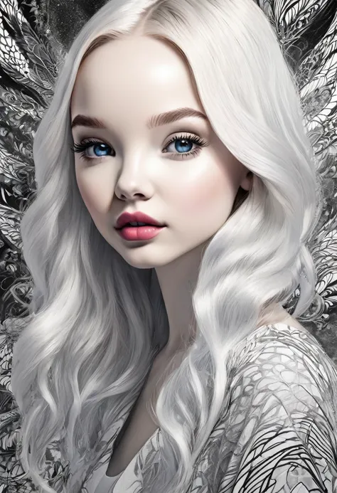 A captivating black and white wallpaper-style portrait of the talented American artist Dove Cameron, masterfully rendered with intricate lines and strokes. Her striking features are accentuated by well-defined details on her face, eyes, and lips, creating ...