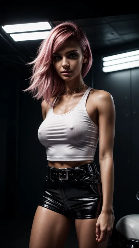 Seductive and confident look. Huge arm muscules, visible veins. Folded arms, Long legs. Slim teenage european girl. Shiny leather shorts, sneakers, white shirt. Motorbike garage. Pink hair, sidecut. Piercing. backlit, smirk, belt, backlit, perfect sultry m...