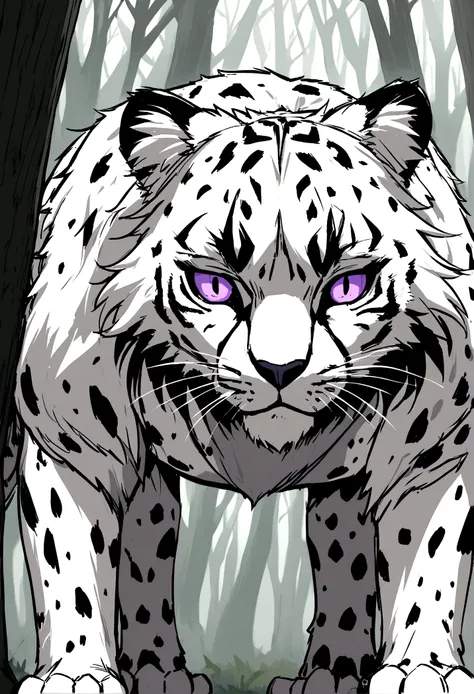 intimidating feral Female snow leopard with purple eyes and clothes standing on all fours she in forest