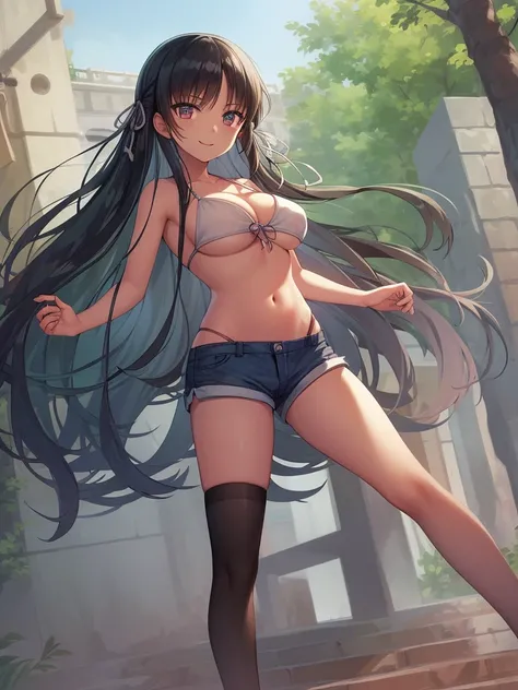 (8K, Highest quality, Highest quality, masterpiece), standing, 1girl, solo girl, only 1 girl)), fullbody, solo, cowboy shot, aasuzune, long hair, black hair, hair loose in the wind, leafs in the air, (dusk), bikini top, white bikini, black thighhighs, ((sm...