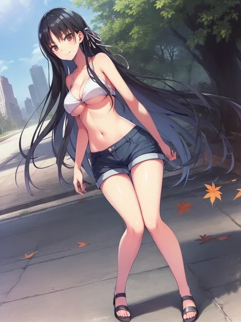 (8K, Highest quality, Highest quality, masterpiece), standing, 1girl, solo girl, only 1 girl)), fullbody, solo, cowboy shot, aasuzune, long hair, black hair, hair loose in the wind, leafs in the air, (dusk), bikini top, white bikini, black thighhighs, ((sm...