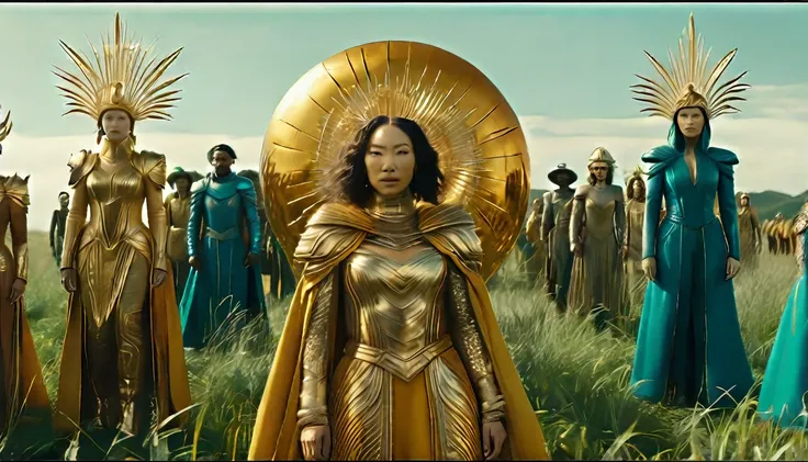 a group of people that are standing in the grass, inspired by Xul Solar, afrofuturism, cate blanchett as medieval queen, gold and teal color scheme, scene from live action movie, of a futuristic woman selknam, shanina shaik as medusa, cyberpunk outfits, 20...