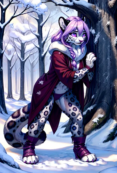 intimidating feral Female snow leopard with purple eyes and clothes standing on all fours she in forest