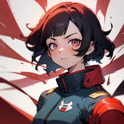 Screenshot of my hero academia girl with short curly black hair and red locks with colorful eyes and serious expression dressed in UA uniform