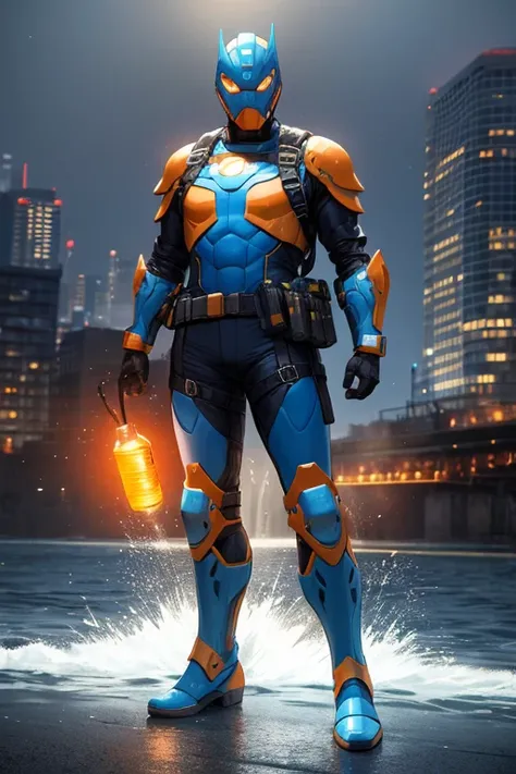 ((best quality)), ((masterpiece)), (detailed), 1 male, full body, 23 years old, masked, light blue construction helmet, piranha helmet, smooth head, bare face, superhero mask, black collar, tall, thin, black gloves, orange grenades, orange grenades on his ...