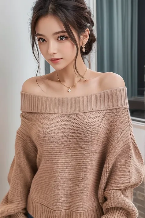 ((Highest quality)), ((masterpiece)), (detailed), One girl, Off-the-shoulder sweater, 