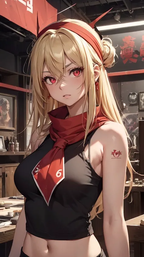 最high quality、Best image quality、masterpiece、girl((Age 25、 By becoming、Best Bust、Medium Bust,Wide open breast tea、Red glowing eyes,Blonde、Red Mesh、Disheveled Hair、Lointail、thin,The highest valley、Open chest、Luminous Wristbands、hair ornaments、Show the whole...