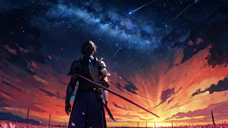 1man, distant man wearing a crusader armour staring at the stars, (zoomed out:1.1), (meteor shower:1.2), (comet:1.1), your name, low angle, from behind, aroura borealis, shooting star, yukata, red armour, cherry blossoms, standing in a field,best quality, ...