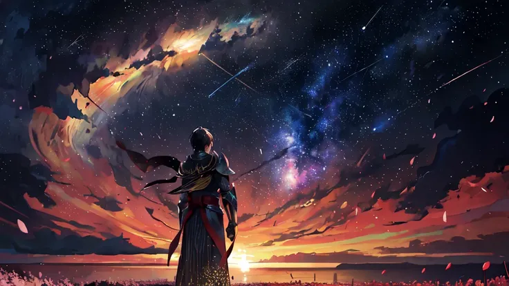 1man, distant man wearing a crusader armour staring at the stars, (zoomed out:1.1), (meteor shower:1.2), (comet:1.1), your name, low angle, from behind, aroura borealis, shooting star, yukata, red armour, cherry blossoms, standing in a field,best quality, ...