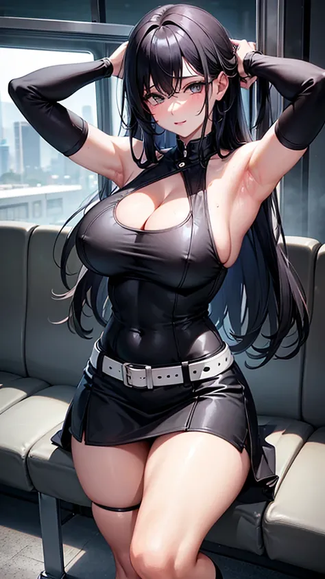 The best super busty、Black Hair、Cleavage、Miniskirt、Thighs、high resolution、Ultra HD、Knee socks、Absolute area、train、seat、Armpit、Close-up、Voyeur style、両Armpit上げ、No sleeve、Sexy、Long Hair、OL、Age 35