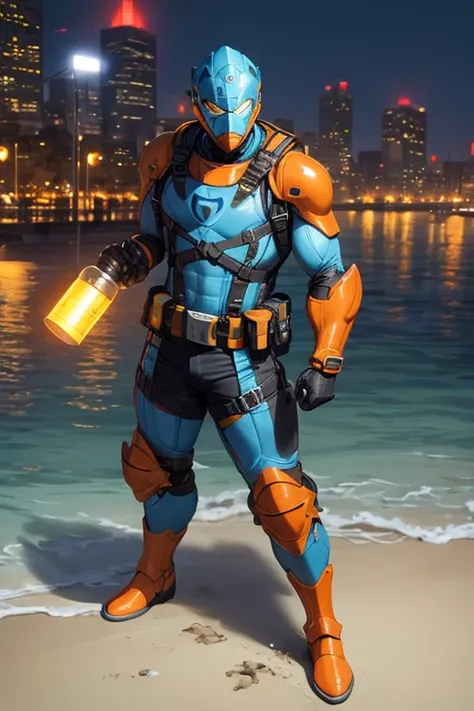 ((best quality)), ((masterpiece)), (detailed), 1 male, full body, 23 years old, masked, light blue construction helmet, piranha helmet, smooth head, face, superhero mask, black collar, tall, thin, black gloves, orange grenades, orange grenades on his chest...