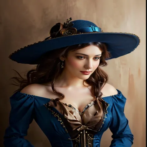 a photorealistic close up of a beautiful woman wearing a steampunk style blue hat and dress, beautiful character painting,  stun...