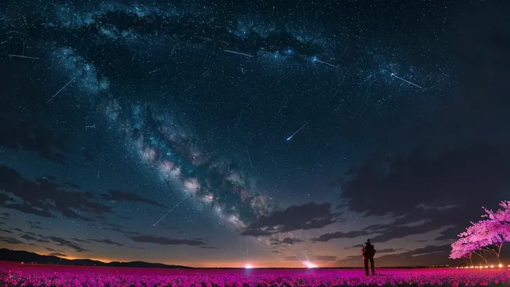 1man, distant man wearing a crusader armour staring at the stars, (zoomed out:1.1), (meteor shower:1.2), (comet:1.1), your name, low angle, from behind, aroura borealis, shooting star, yukata, red armour, cherry blossoms, standing in a field,best quality, ...