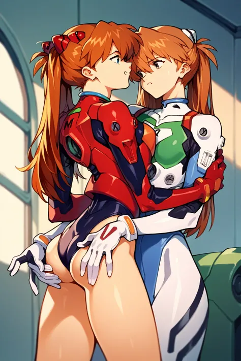 score_9, score_8_up, score_7_up, score_6_up, score_5_up, score_4_up, (source_anime), 2girls, evangellion, asuka langley, rei ayanami, yuri, Inside a mecha, Squeezing ass, Hand on the butt