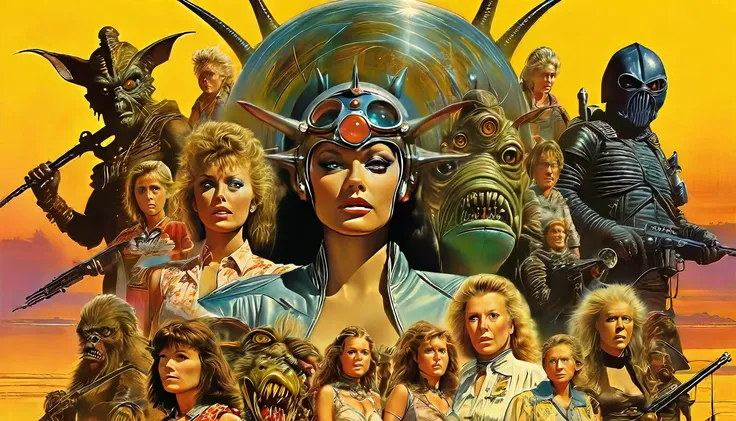 a movie poster for slave girls from beyond infinity, inspired by clyde caldwell, futuristic apocalypse, stalenhag, metal album c...