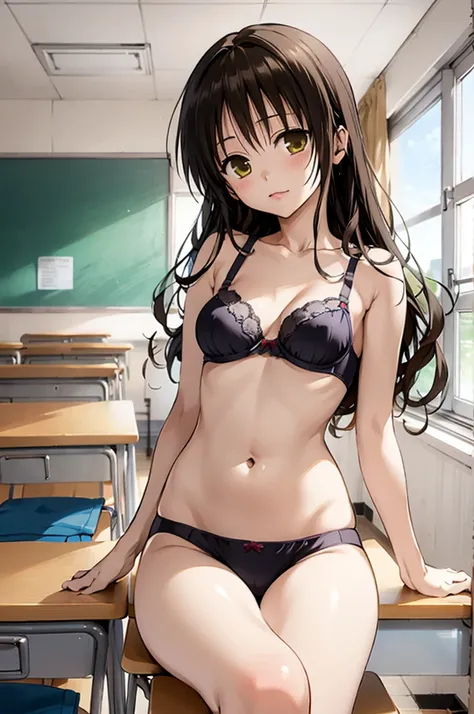 1girl,solo,yuuki mikan,, ,brown hair,, ,1girl,,,classroom,,looking viewer,,panties,bra