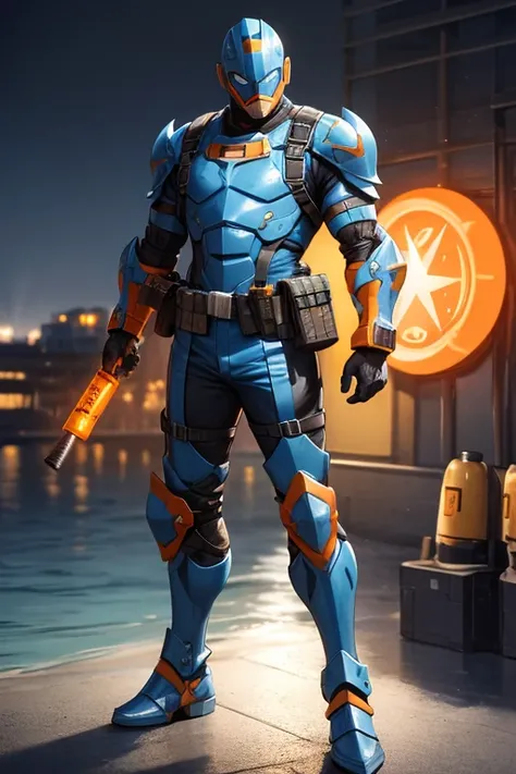 ((best quality)), ((masterpiece)), (detailed), 1 male, full body, 23 years old, masked, light blue construction helmet, piranha helmet, smooth head, superhero mask, black collar, tall, thin, black gloves, orange grenades, orange grenades on his chest harne...