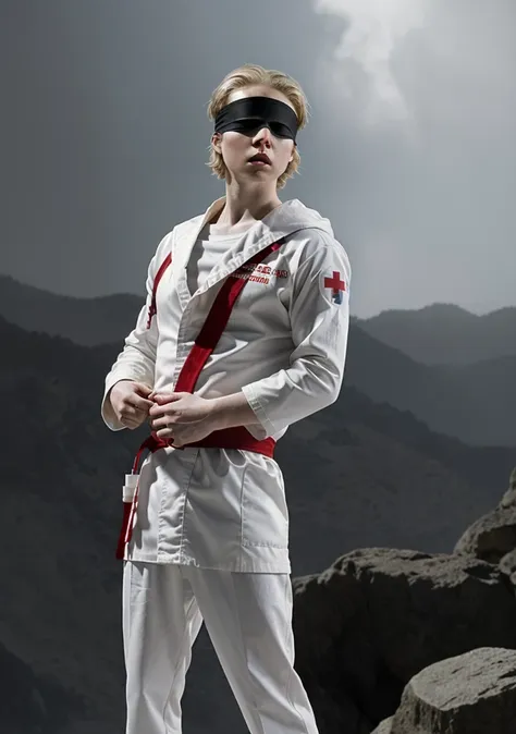 sci-fi cinematic a man with short white afro hair wearing a white blindfold with a red cross on it slightly muscular wearing a w...