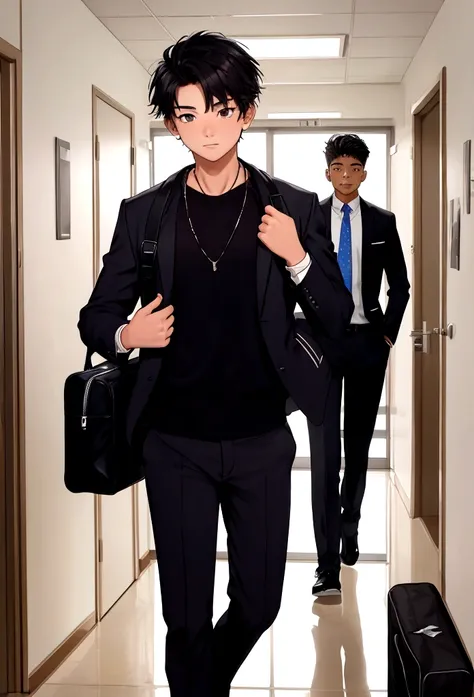 generates the image of a 15-year-old boy arriving for his first day of school in a room that says business management 