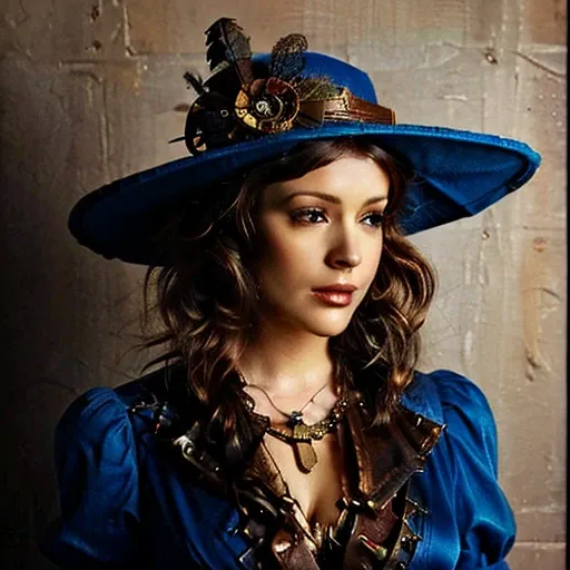 a photorealistic close up of a beautiful woman wearing a steampunk style blue hat and dress, beautiful character painting,  stun...