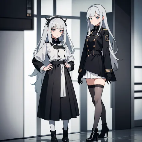 girl，Long gray-white gradient gray hair，redeyes，White pleated skirt，Black army coat，White stockings on the left leg，Right leg black stockings，Gray low-heeled boots，black glove，Face extremely detailed, ( high resolution eyes),( different colored left eye( g...