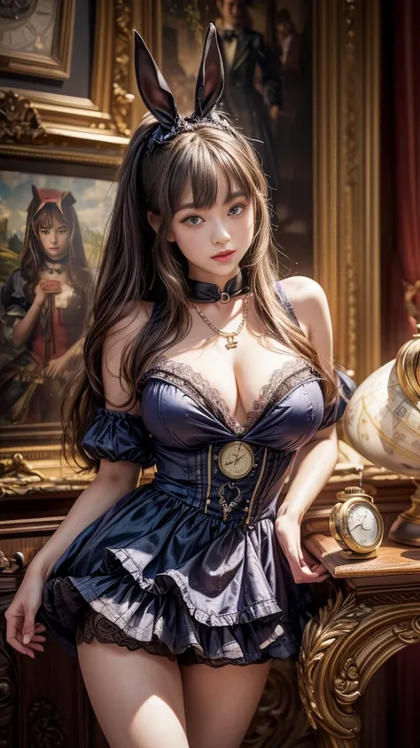 4K, Realistic,Very detailed,Rabbit costume,Bunny girl、Big Breasts、Soft Theme,Age 25、smile、(((Alice in Wonderland World)))、((I have a pocket watch))、(Black tuxedo-like miniskirt dress)、((Delicate painting))，(Detailed RAW photos of girls), (Masterpiece:1.25)...