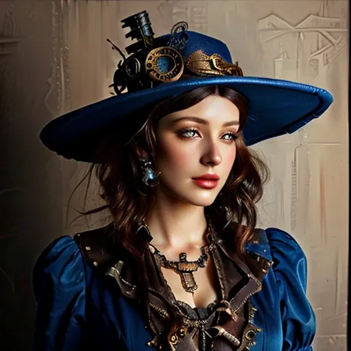 a photorealistic close up of a beautiful woman with downcast eyes wearing a steampunk style blue hat and dress, beautiful charac...