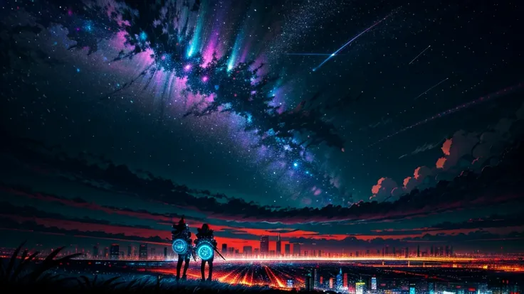 ((Nighttime psychedelic shooting star Sky))、man wearing a crusader armour looking at big city landscape, futuristic cyber City wallpaper 8K, anime art wallpaper 8K, wallpaper 8K, inspired by Cyril Rolando, in the style dan mumford artwork, amazing wallpape...